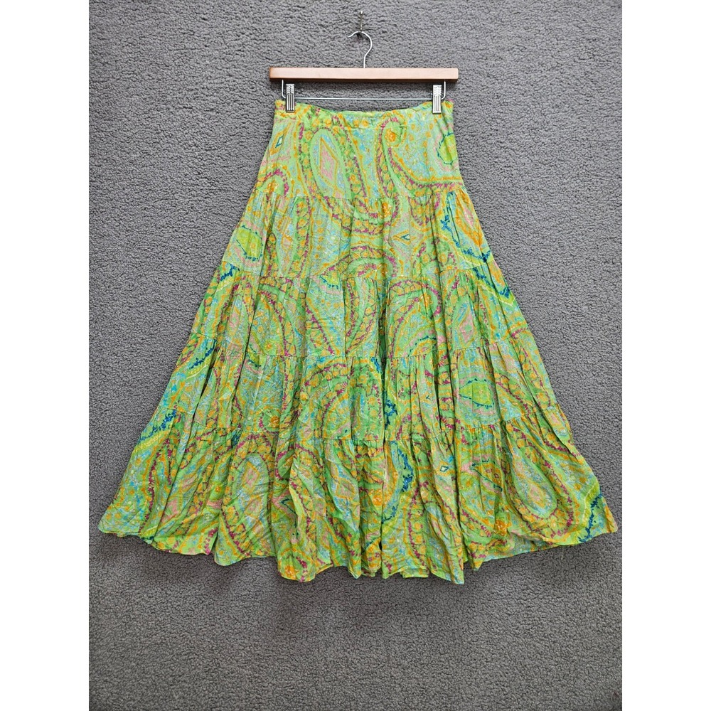 Lauren Ralph Lauren Maxi Skirt PS Green Paisley Tiered Cotton Boho Cottagecore